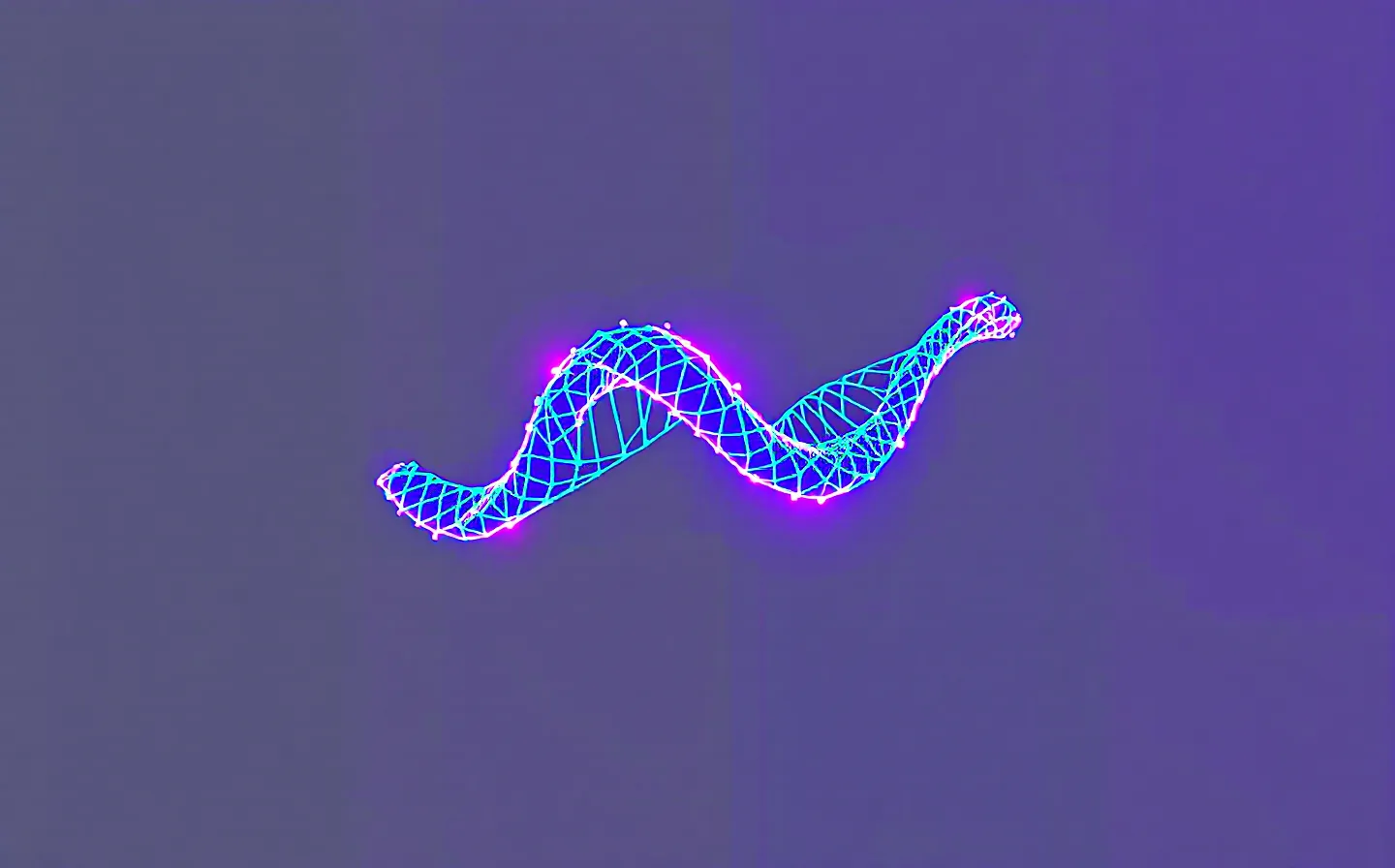 Glowing ultraviolet wireframe of an abstract peptide chain with three highlighted nodes on a dark violet field